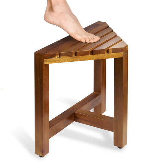 BLUEWEST Shower Foot Stool for Shaving Legs Acacia Wood Shower Foot Rest Corner Bathroom Bench with Non-Slip Feet for Small Shower Space Waterproof/Durable/Stable Shower Bench Corner Shower Stool