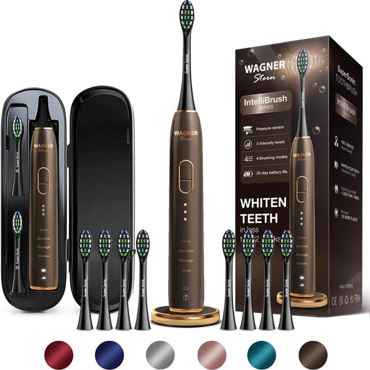 Wagner Stern IntelliBrush Series Whitening Electric Toothbrush with Pressure Sensor. Offers 4 Brushing Modes 3 intensities 8 Soft Brush Heads and a Luxury Travel case.