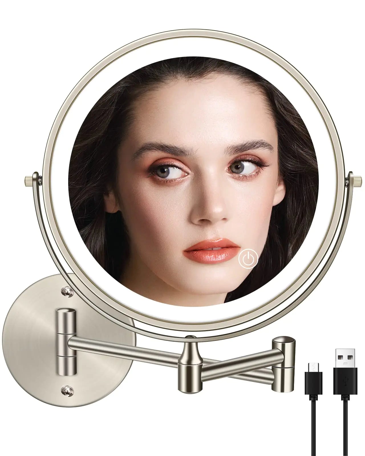 Rechargeable Lighted Wall Mounted Makeup Mirror 8 Inch Bathroom Mirror Double-Sided 1X/10X Magnifying LED Vanity Mirror 3 Color Lighting Touch Screen 360° Swivel 13 Inch Extendable