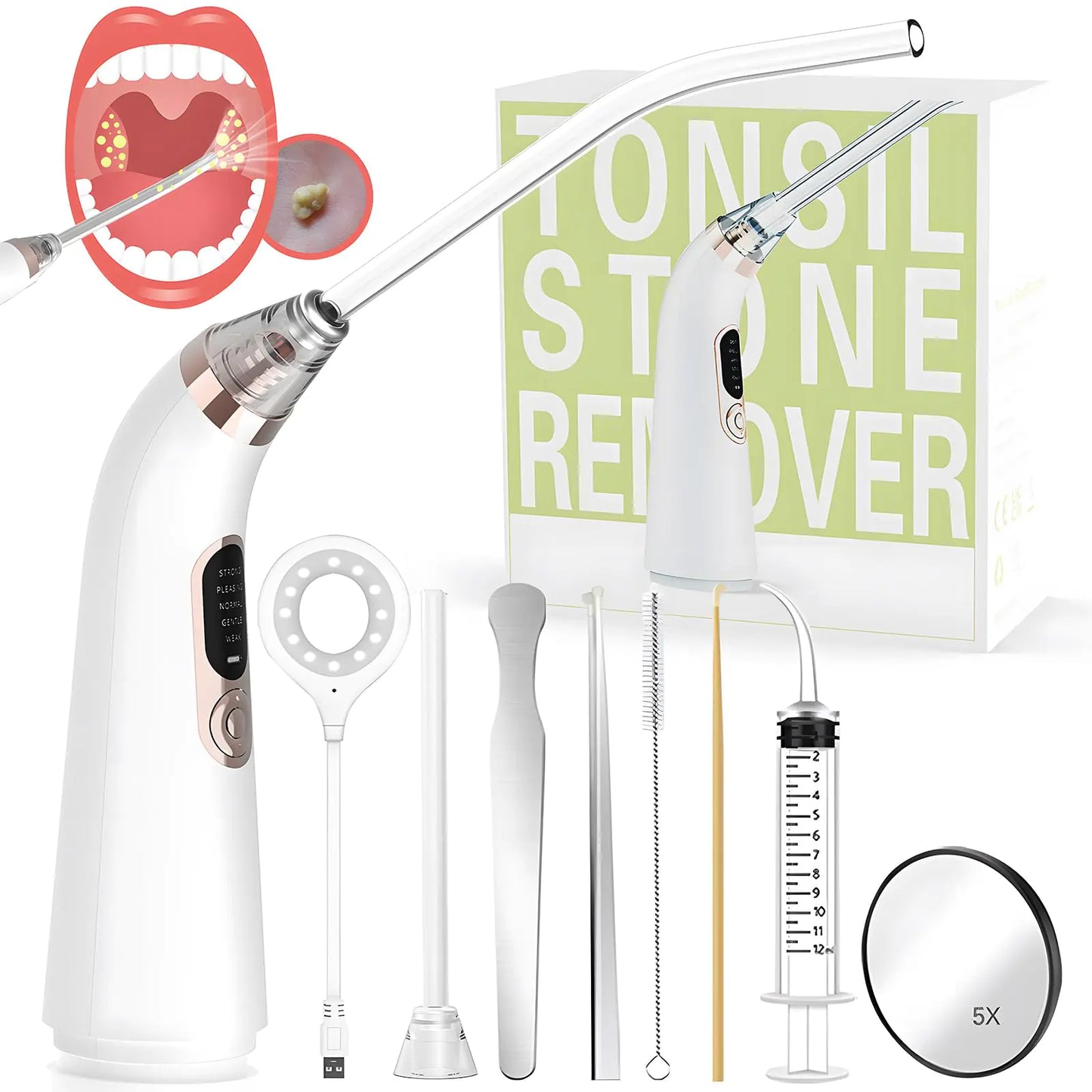 Voraiya Electronic Tonsil Stone Remover Vacuum10 in 1 Tonsil Stone Removal Kit 5 Modes Tonsil Stone Cleaner Instant Suction Tool Easy to Use Fresh Breath Mouth Cleaning Oral Care (White)